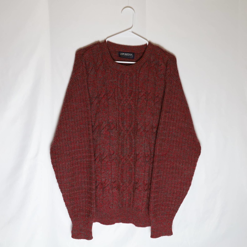 Puritan Cable Knit Sweater Men's XL Red/Gray Crewneck Pullover 80's Vintage